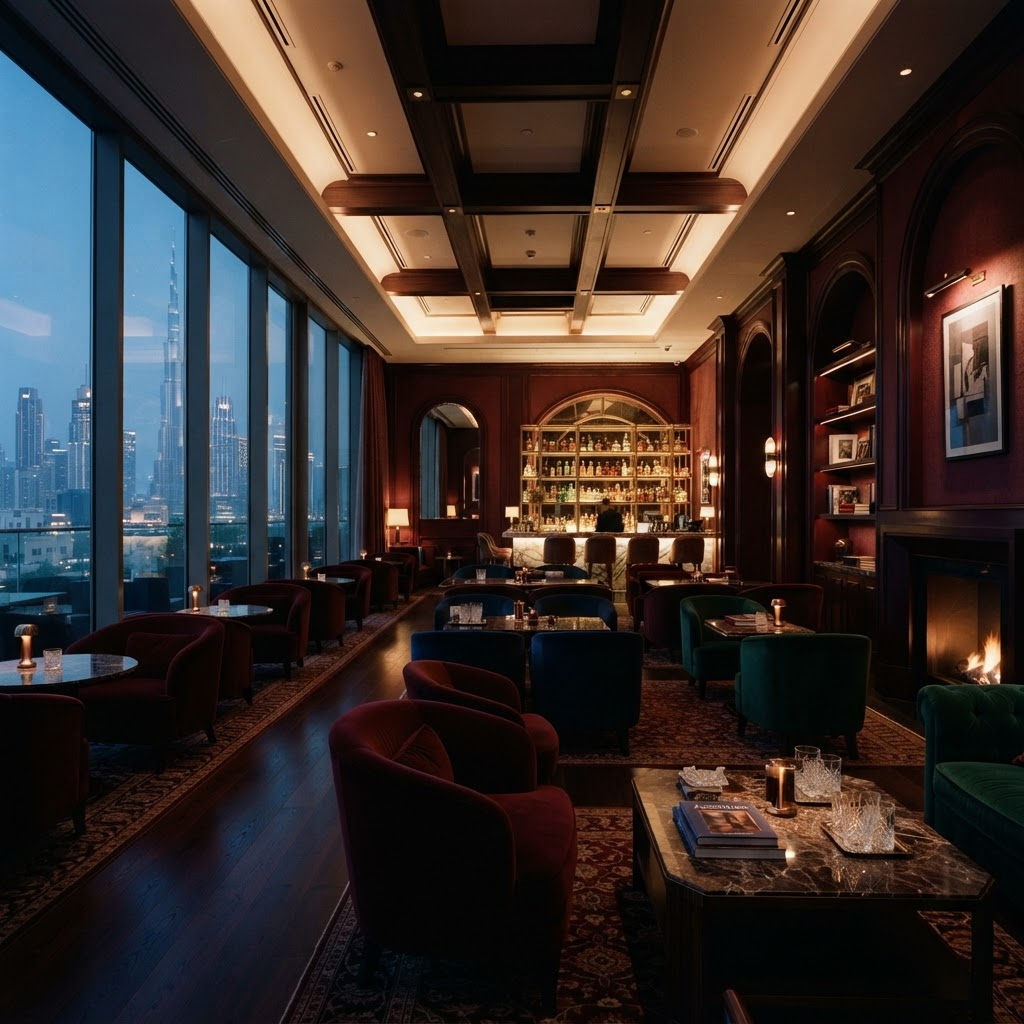 The A8HOUSE lounge at dusk